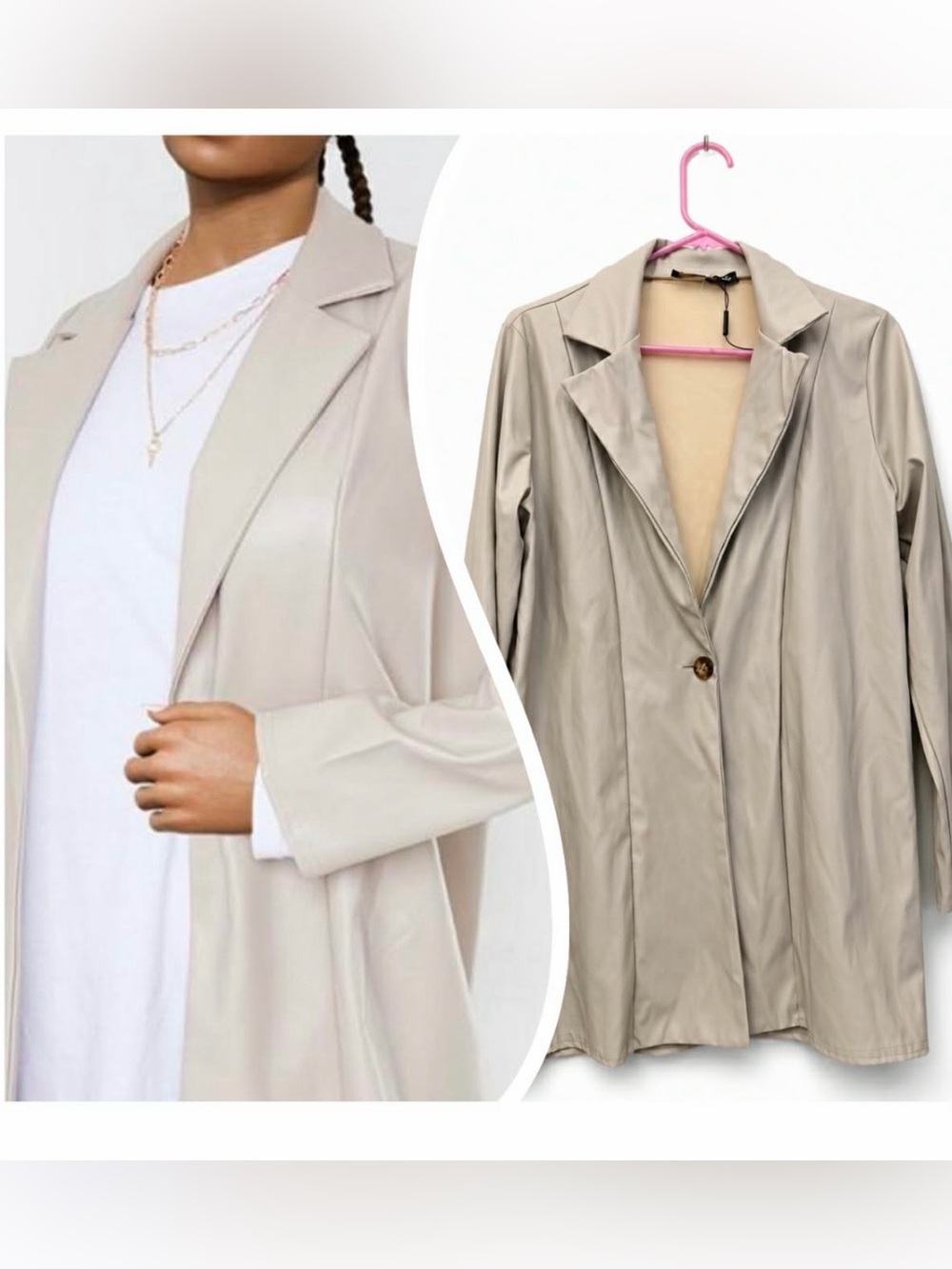 PrettyLittleThing Longline Faux Leather Oversized Blazer Jacket Women’s 2 Beige